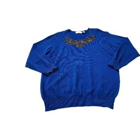 Vintage Liz Claiborne Sweater Beaded Blue Size 1 Wool Blend Crewneck Longsleeve - Picture 8 of 11